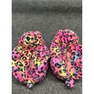 Neon Leopard Print Plush Animal Slippers Pink Yellow Blue Faux Fur House Shoes